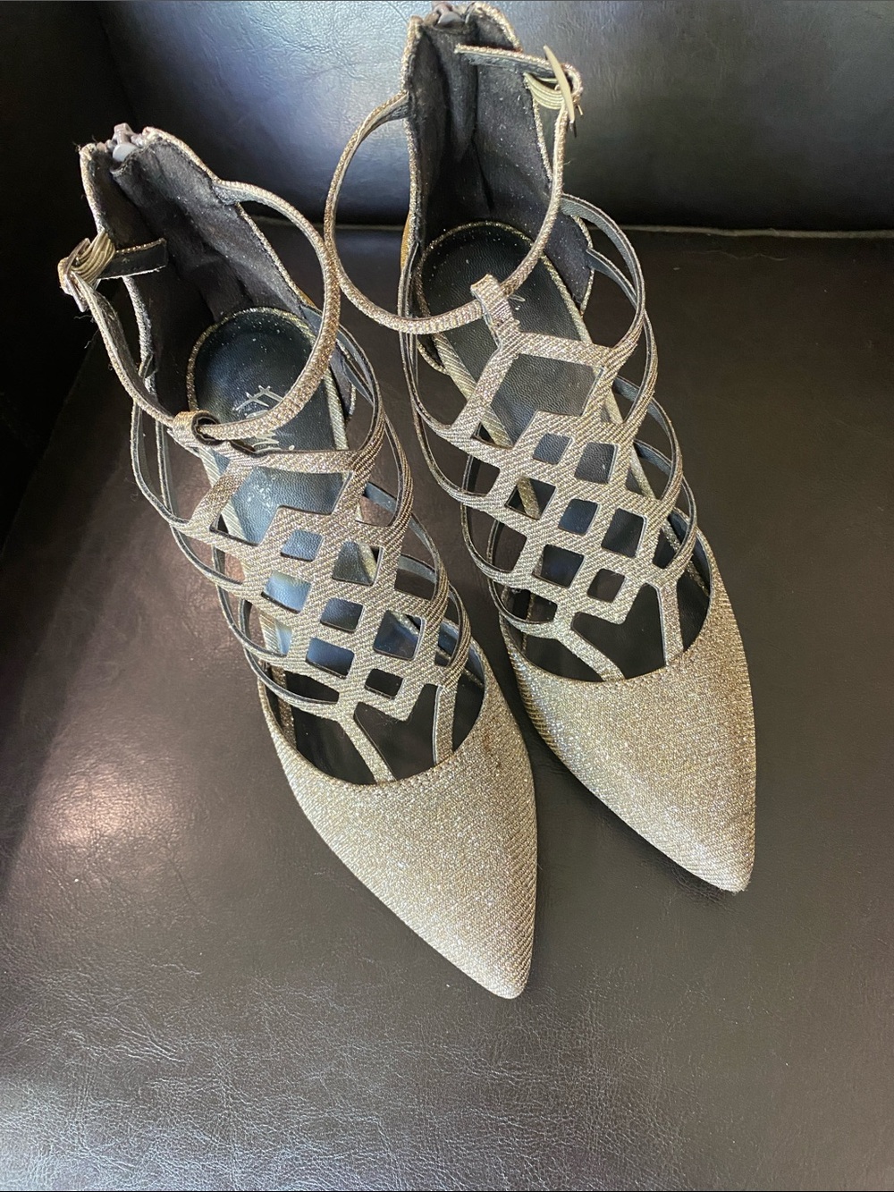 FIONI Clothing Gold Glitter Pointed Cage Ankle-Strap Heels
